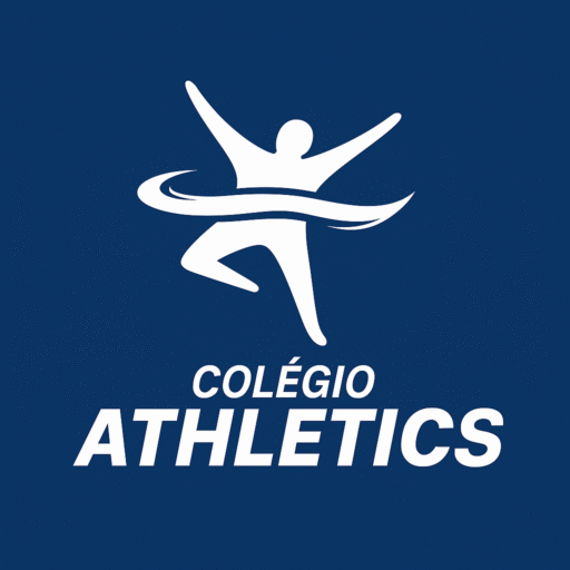 Logotipo branco do Colégio Athletics sobre fundo azul institucional